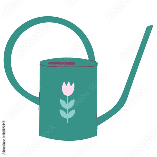 Garden watering can with floral ornament.Gardening equipment for caring and mending garden or orchard, spraying flowers and plants
