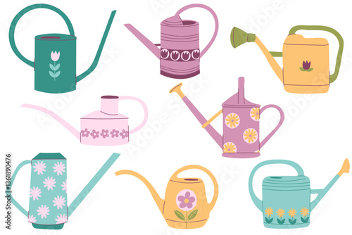 Set of garden watering can with floral ornament. Gardening equipment for caring and mending garden or orchard, spraying flowers and plants