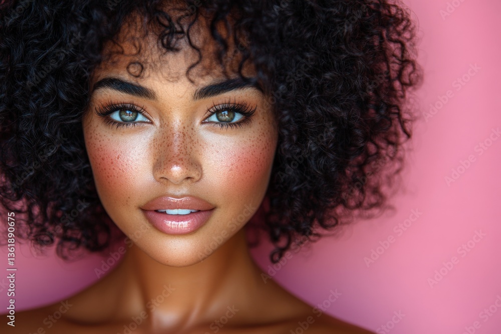 Fototapeta premium Beautiful woman with curly hair and radiant skin posed against a pink background showcasing her natural beauty