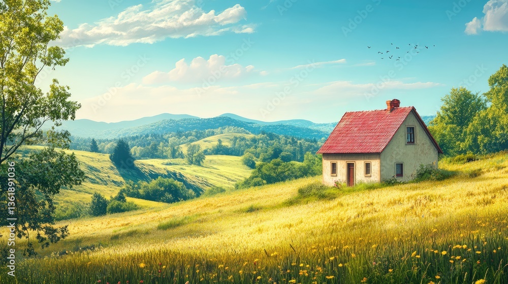 Serene countryside landscape featuring a quaint house surrounded by lush green fields and distant mountains under a blue sky Serene countryside landscape featuring a quaint house surrounded by lush green fields and distant mountains under a blue sky