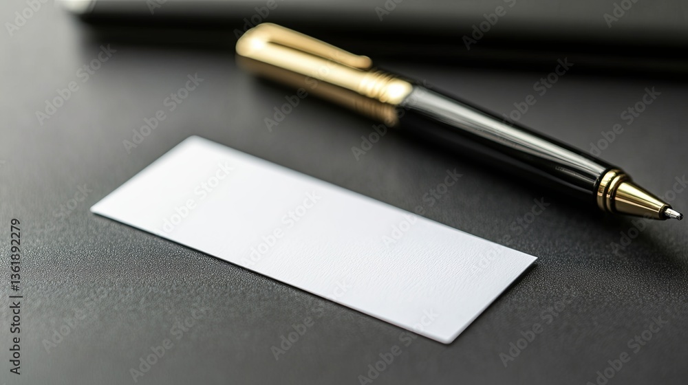 A close-up of a stylish pen and business card placed on a smooth gray desk surface pic A close-up of a stylish pen and business card placed on a smooth gray desk surface pic