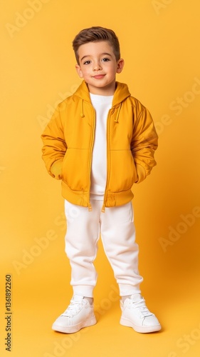 Portrait of a Young Boy in Mustard Yellow Jacket and White Pants Against Yellow Background