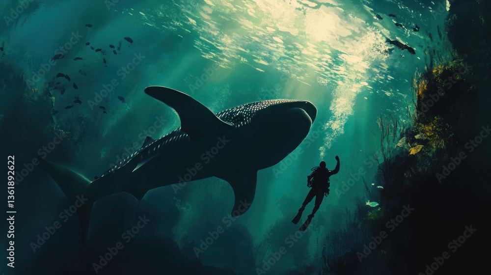 Obraz premium Encounters of the Deep: A Diver and a Whale Shark