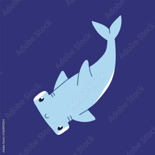 Hammerhead shark, cute happy baby fish swimming underwater, smiling. Marine a...