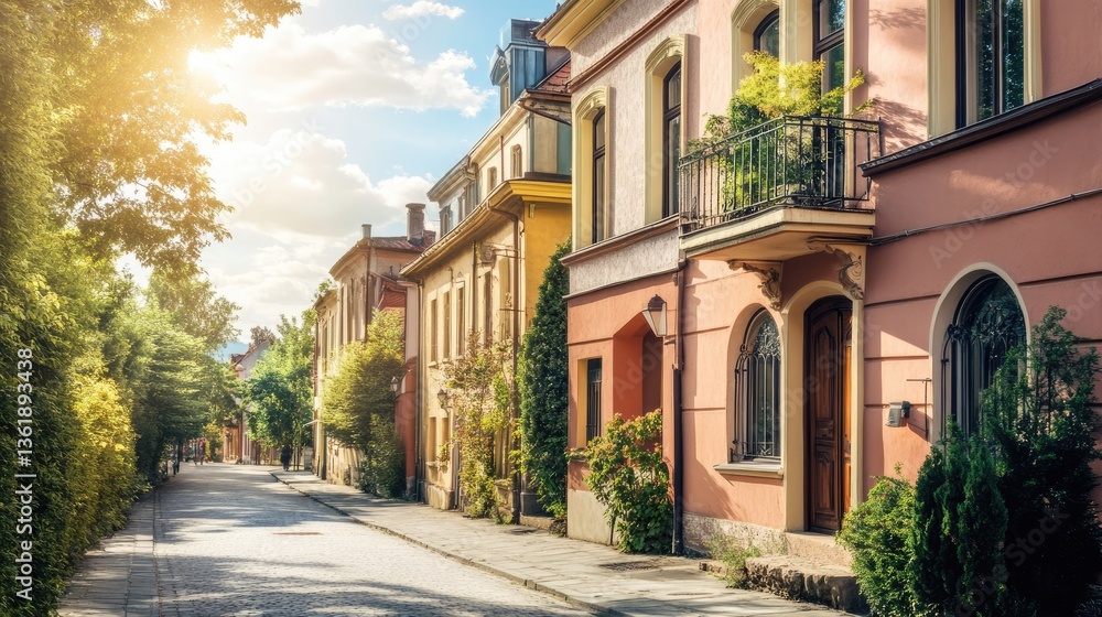 Fototapeta premium Charming street lined with colorful houses, bathed in sunlight, showcasing lush greenery and a peaceful atmosphere