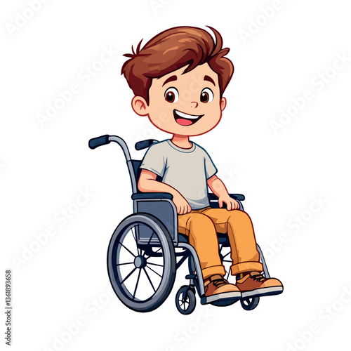 Happy disabled child smiling and sitting in wheelchair