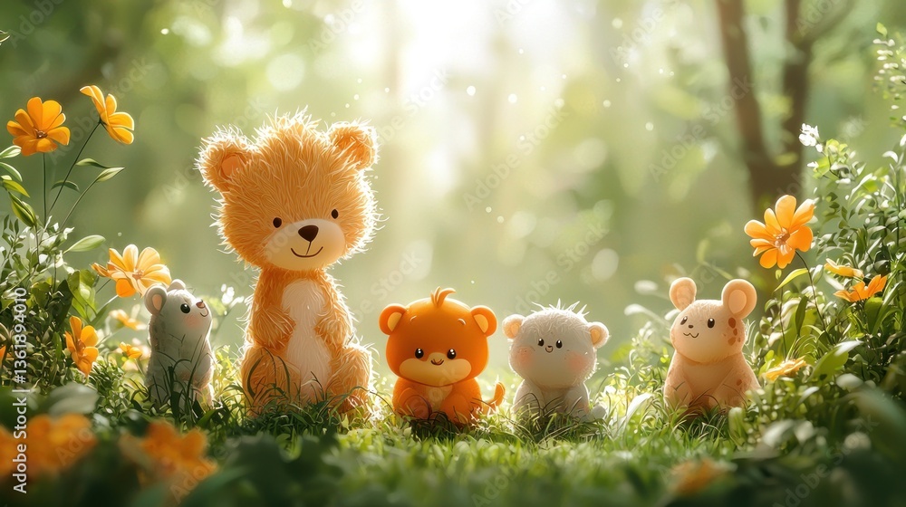 Cute plush animals in a garden setting Cute plush animals in a garden setting