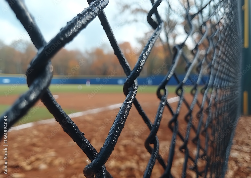 A detailed view of a baseball field through a black fence A detailed view of a baseball field through a black fence