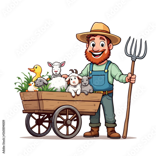 Happy farmer holding pitchfork and pulling cart with farm animals
