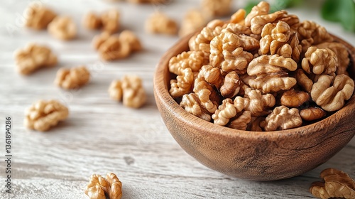 a wooden bowl filled with unshelled walnuts sits on a wooden surface against a white background the walnuts are natural showcasing their rough textured brown shells
