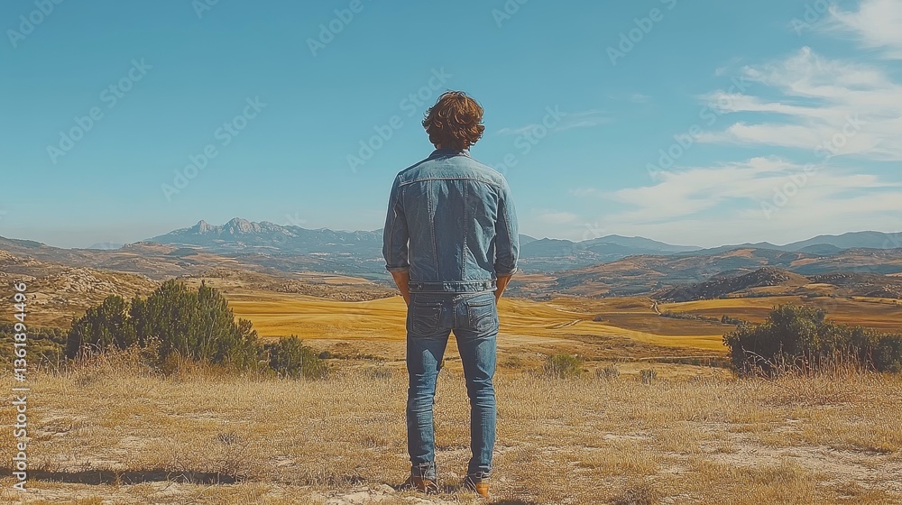 A man looks over a wide open landscape on a sunny day A man looks over a wide open landscape on a sunny day