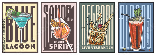 Cocktail set of retro, vintage poster with blue lagoon, bloody mary, negroni, aperol spritz for design of surfing, tiki or beach bar menu. Alcohol cocktails for drink party, summer vibes