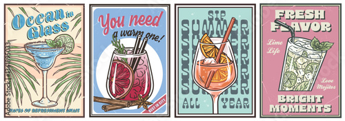 Cocktail set of retro, vintage poster with blue lagoon, mojito, sangria, aperol spritz for design of surfing, tiki or beach bar menu. Alcohol cocktails for drink party, summer vibes