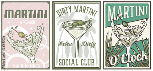 Martini cocktail set on retro, vintage poster with olive and splashes for design of surfing, tiki or beach bar menu. Margarita alcohol cocktail for drink party, summer vibes