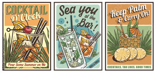 Mojito and pina colada cocktail glass on retro, vintage poster or retro sign for design of surfing, tiki or beach bar menu. Gin rickey or negroni alcohol cocktail set for drink party, summer vibes