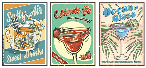 Negroni cocktail, manhattan glass, blue lagoon on retro, vintage poster for design of surfing, tiki or beach bar menu. Old fashioned alcohol cocktail set for drink party, summer vibes