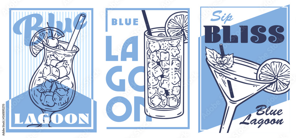 Fototapeta premium Blue lagoon cocktail glass poster with palm trees in the background for surfing, tiki or beach bar creating a retro summer vibe