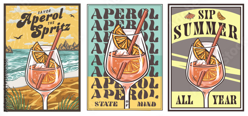 Aperol cocktail cocktail glass on retro, vintage poster with gin, ice and slice of orange for design of surfing, tiki or beach bar menu. Alcohol aperol cocktail set for drink party, summer vibes