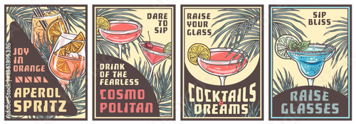 Manhattan cocktail glass on retro, vintage poster with whiskey, strawberry, palm trees in background for design of surfing, tiki or beach bar menu. Alcohol cocktail for drink party, summer vibes