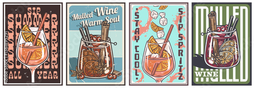 Sangria cocktail glass on retro, vintage poster with olive and splashes for design of surfing, tiki or beach bar menu. Mulled wine alcohol cocktail for drink party, summer vibes