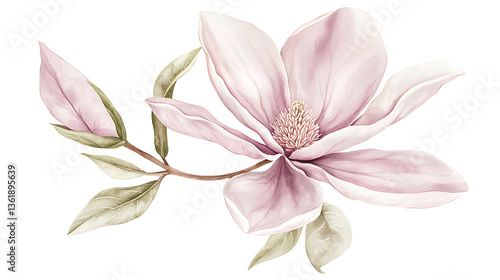 A pink flower with green leaves is the main focus of the image