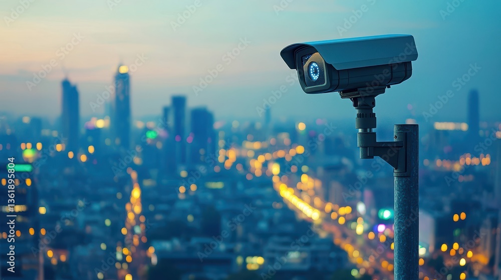 Security camera overlooks a blurred city skyline at dusk. Ideal for topics of surveillance, safety, and urban security. Security camera overlooks a blurred city skyline at dusk. Ideal for topics of surveillance, safety, and urban security.