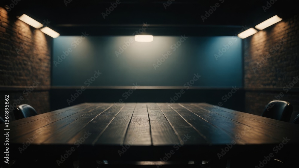 Fototapeta premium Dimly lit wooden table in a cozy room with warm lighting, ideal for gatherings