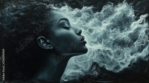 A serene portrait shows a woman exhaling into a misty background