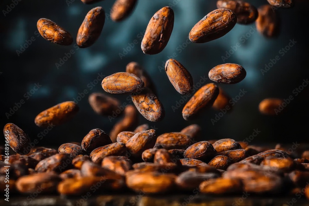 Obraz premium Close-up studio shot of aromatic and raw cocoa beans scattered and falling against dark backdrop, revealing rich textures and hues, organic and sustainable.