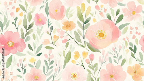 Wallpaper Mural Watercolor Floral Arrangement - Elegant Botanical Composition for Wedding and Greeting Cards. Seamless Pastel Colour Roses Pattern Tile.  Torontodigital.ca