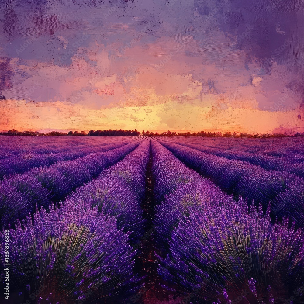 Obraz premium Serene Sunset over Lavender Fields in Provence