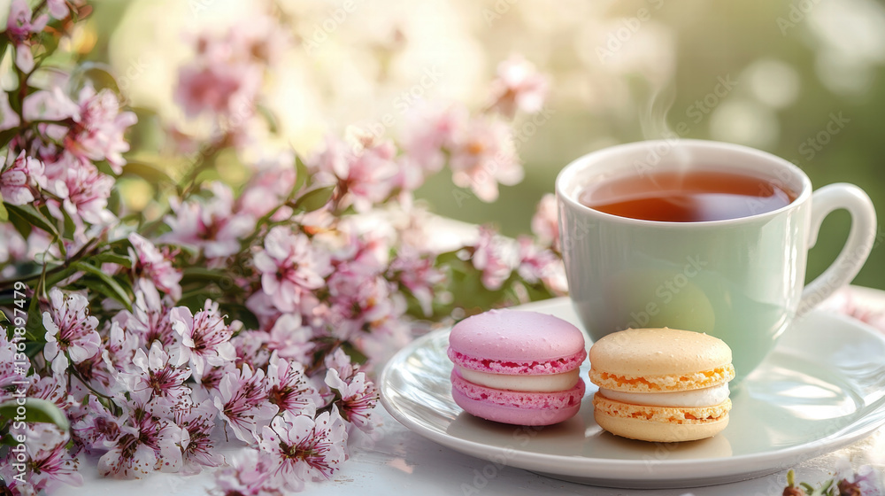 Delightful macarons and cup of tea surrounded by blooming flowers create serene and inviting atmosphere Delightful macarons and cup of tea surrounded by blooming flowers create serene and inviting atmosphere