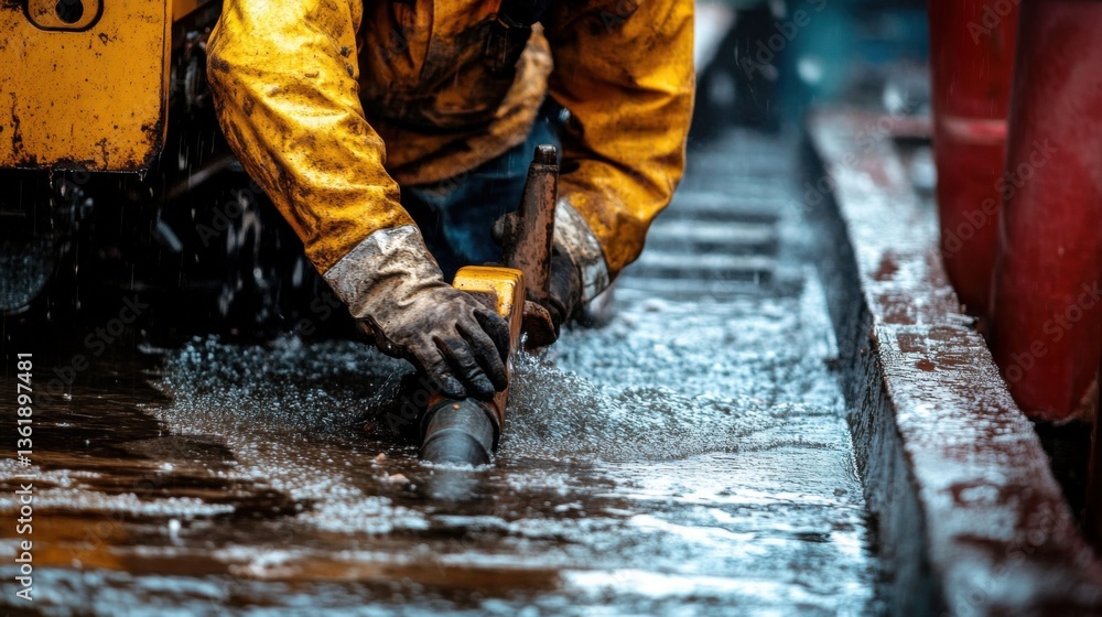 A close-up of a worker operating a drain cleaning machine to flush out debris from a community drain A close-up of a worker operating a drain cleaning machine to flush out debris from a community drain
