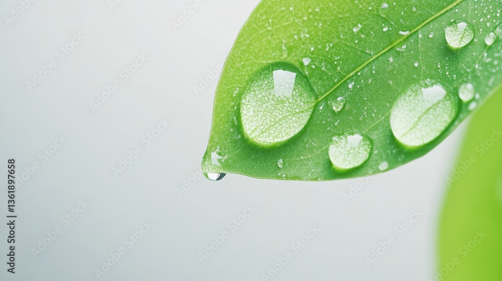 Fototapeta premium Fresh Dew Drops on Green Grass Blade in Morning Light Macro Nature Background
