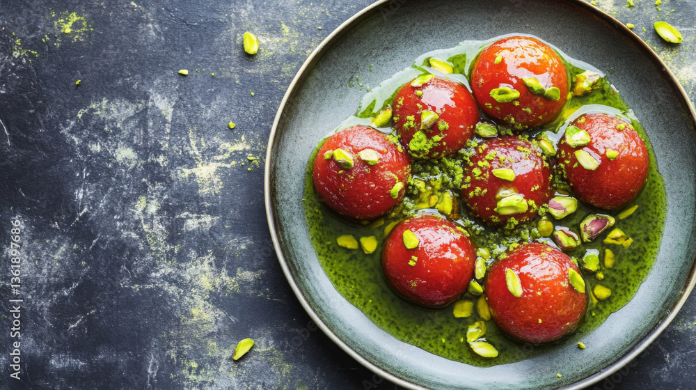 A plate of fruit with green sauce and nuts A plate of fruit with green sauce and nuts