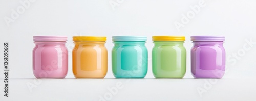 Five Pastel Glass Jars with Yellow Lids on White Background