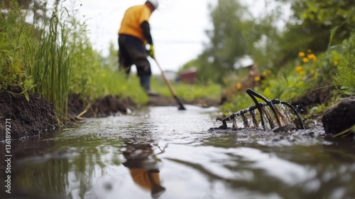 Fototapeta Naklejka Na Ścianę i Meble -  A worker holding a rubber hose and clearing out sludge from a clogged drainage pipe. 