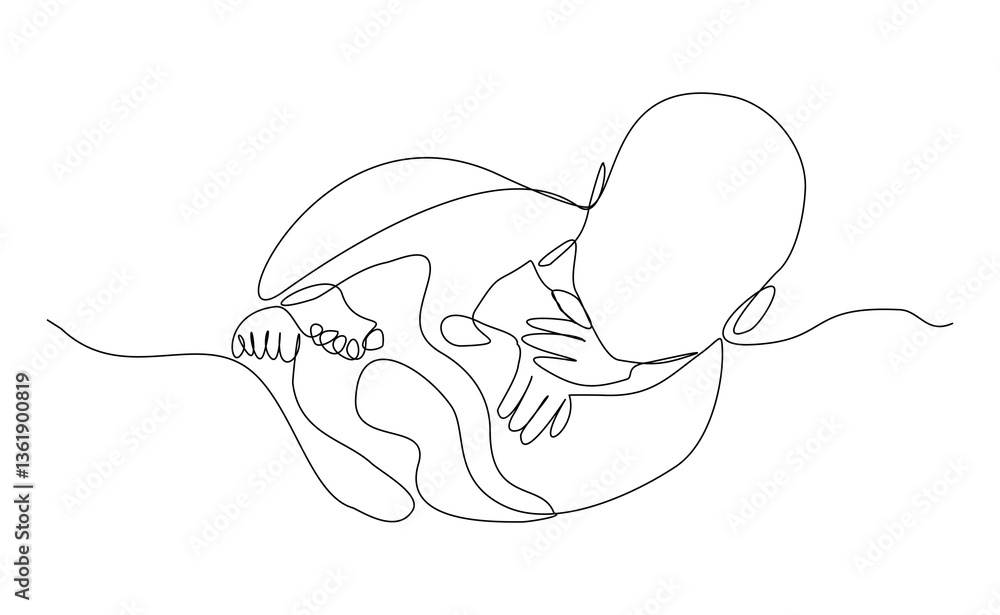 Obraz premium Continuous single line of cute new born baby sleeping and lying on bed. Kid childhood sketch drawing editable stroke vector illustration