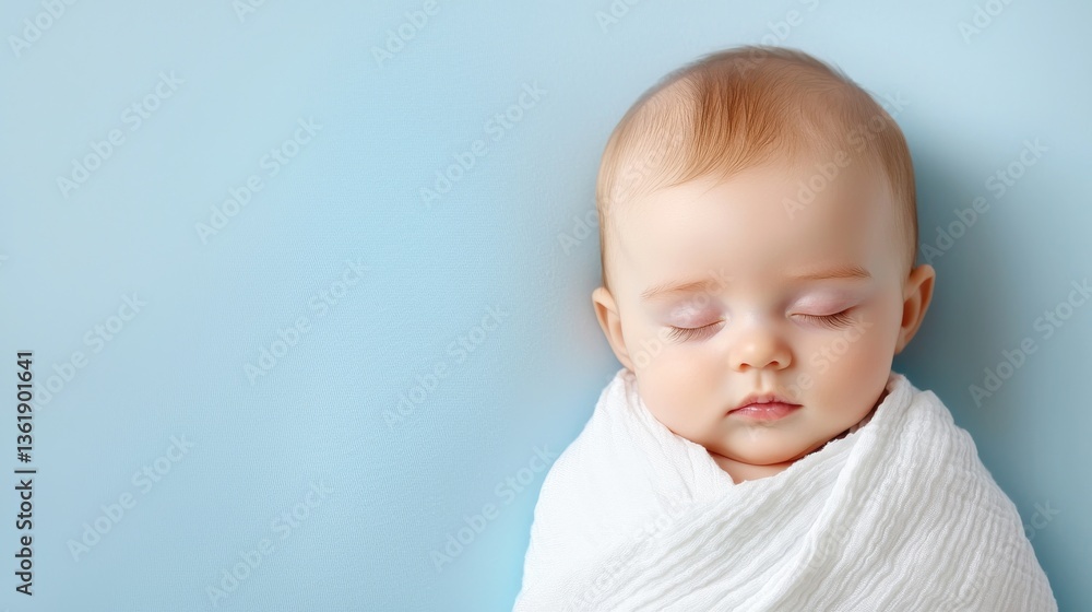 Peaceful Sleeping Baby Girl Wrapped in White Blanket on Light Blue Background Peaceful Sleeping Baby Girl Wrapped in White Blanket on Light Blue Background