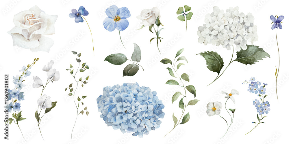 Fototapeta premium Watercolour floral illustration set. Blue white flowers green leaves individual elements collection. Hydrangea, myosotis, rose, peony, eucalyptus. Wedding invitation, prints fashion, bouquet, pattern.