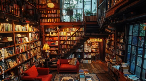 An inviting and warm interior of a cozy bookstore space