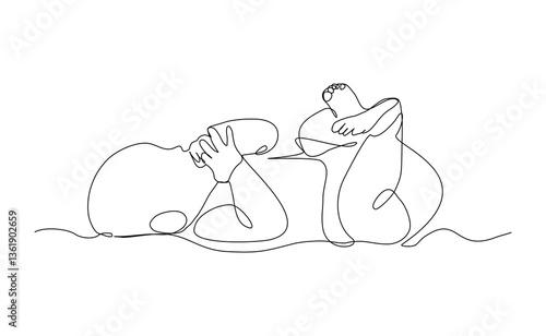 Continuous single line of cute new born baby sleeping and lying on bed. Kid childhood sketch drawing editable stroke vector illustration