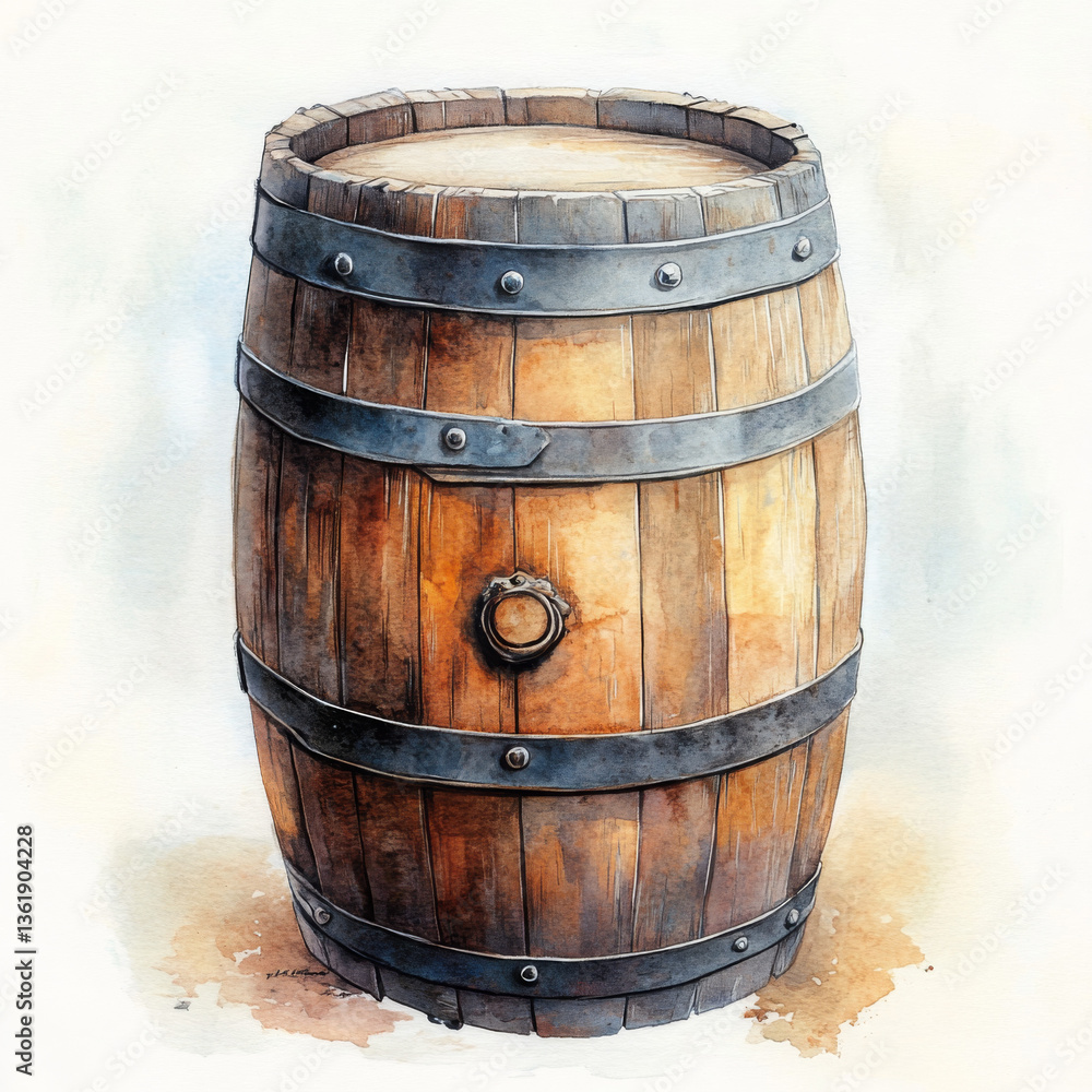 Obraz premium A wooden barrel with a metal ring on top