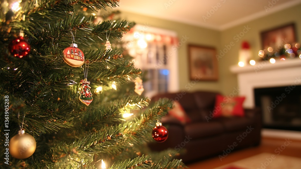 Close-up of decorated Christmas tree in cozy living room. Close-up of decorated Christmas tree in cozy living room.