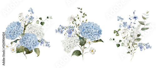 Watercolor floral bouquet illustration set. Hydrangea myosotis rose peony blue white flowers, green leaves branches collection. Wedding invitations, wallpaper, fashion, prints, fashion, templates.