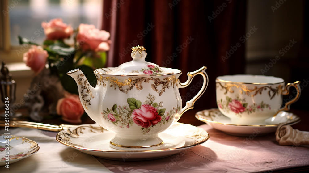 Fototapeta premium tea set in the restaurant cup of tea and teapot porcelain tea service teacup