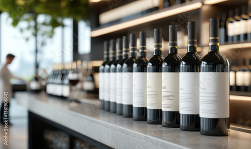 A modern wine bar with bottles lined up.