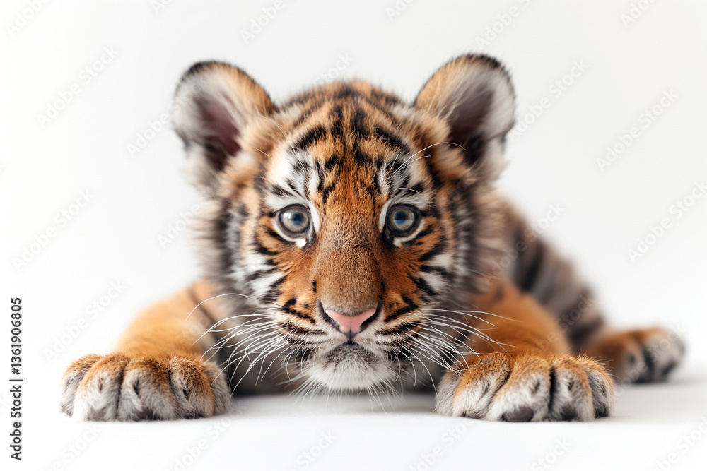 Obraz premium A playful baby tiger with striking blue eyes and distinct orange fur, lying low with an inquisitive expression.