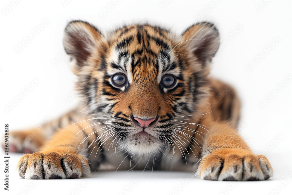 Obraz premium Adorable Bengal tiger cub with striking blue eyes, exploring its surroundings with curiosity and playfulness.
