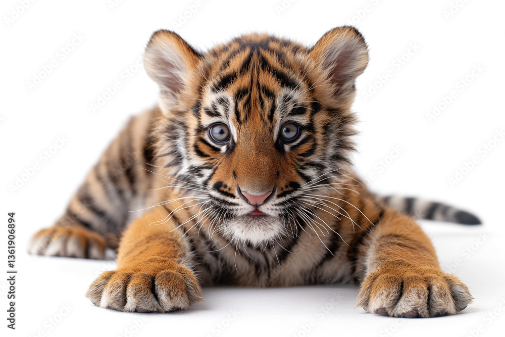 Obraz premium A young, playful tiger cub with striking blue eyes and a soft, furry coat against a white background.